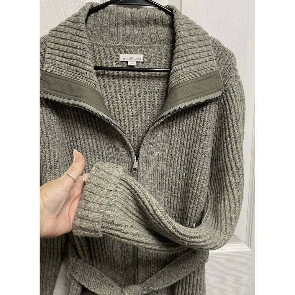 LL Bean Signature Women 100% Wool Cardigan Zip Up Sweater Belted Gray L-EUC - Picture 4 of 8